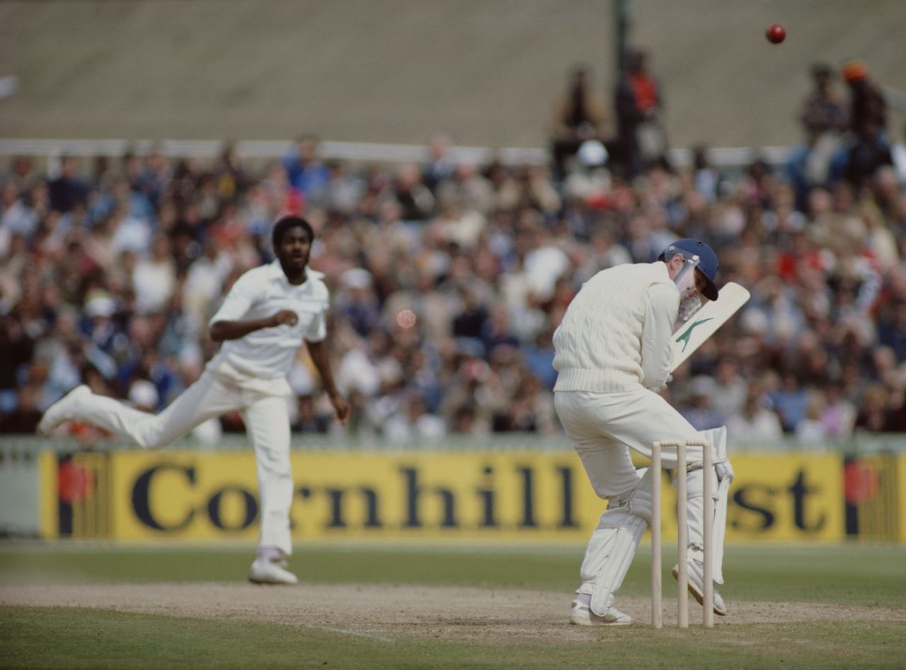 Michael Holding bowls a bouncer to Geoffrey Boycott, day one, England vs West Indies, third Test, Old Trafford, Manchester, July 10, 1980 
