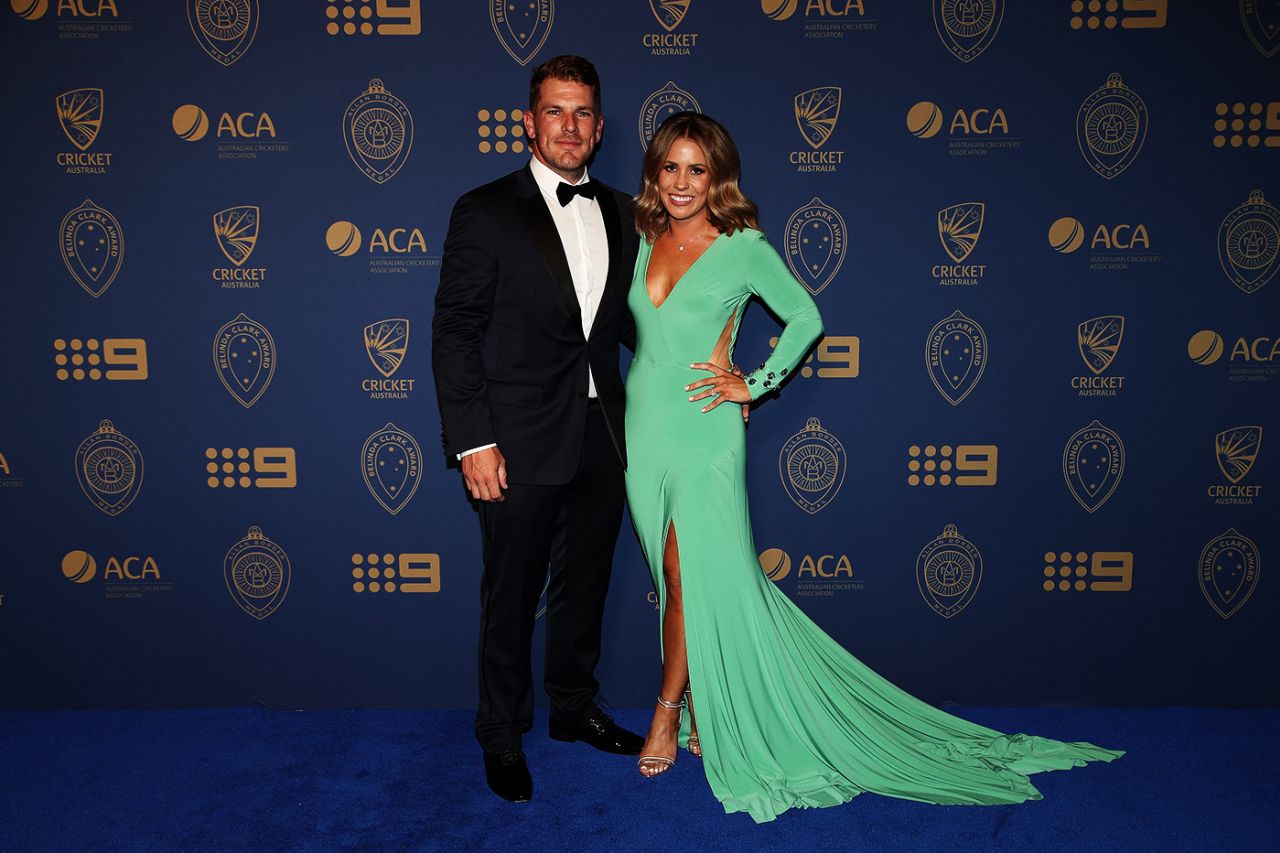 Aaron Finch at the Allan Border Medal ceremony with his fiancee Amy Griffiths, Melbourne, February 12, 2018