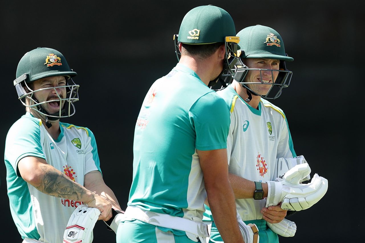 Matthew Wade and Marnus Labuschagne share a laugh during practice, Australia vs India, Sydney, November 24, 2020