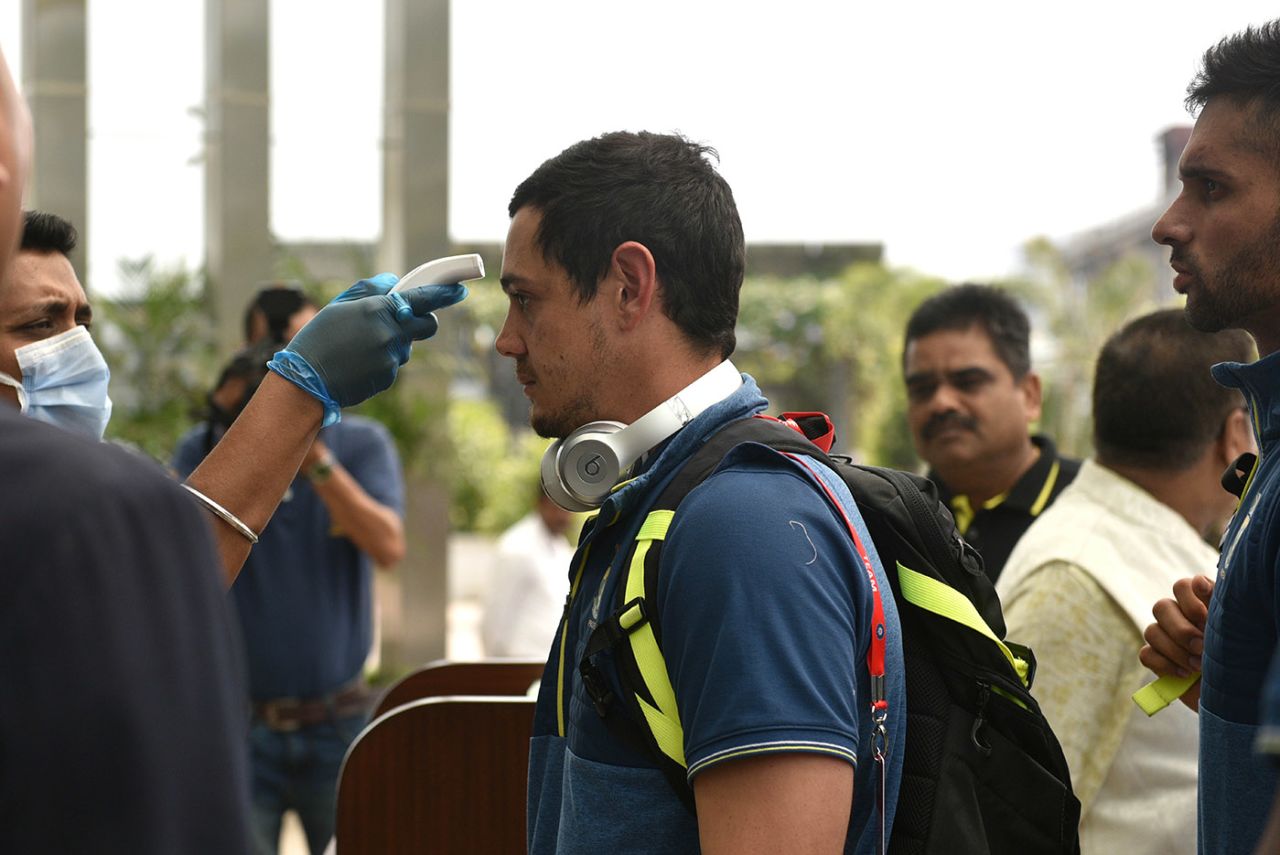Quinton de Kock has his temperature taken as part of Covid-19 prevention measures in India earlier this year, Kolkata, March 16, 2020
