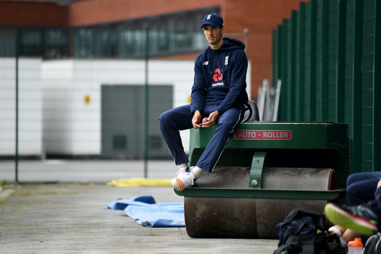 Steven Finn sits on a roller during a nets session before the South Africa series, Old Trafford, August 2, 2017 