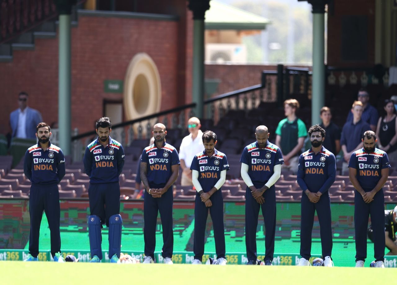 The Indian team sing the national anthem, kitted out in their new jerseys, Sydney, Australia vs India, 1st ODI, November 27, 2020
