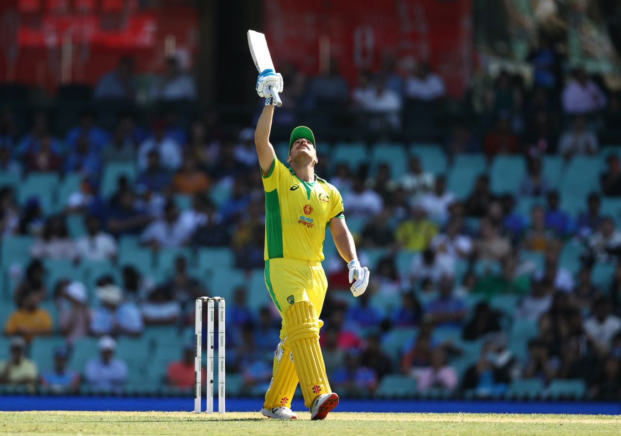Aaron Finch raises his bat for his half-century, Sydney, Australia vs India, 1st ODI, November 27, 2020