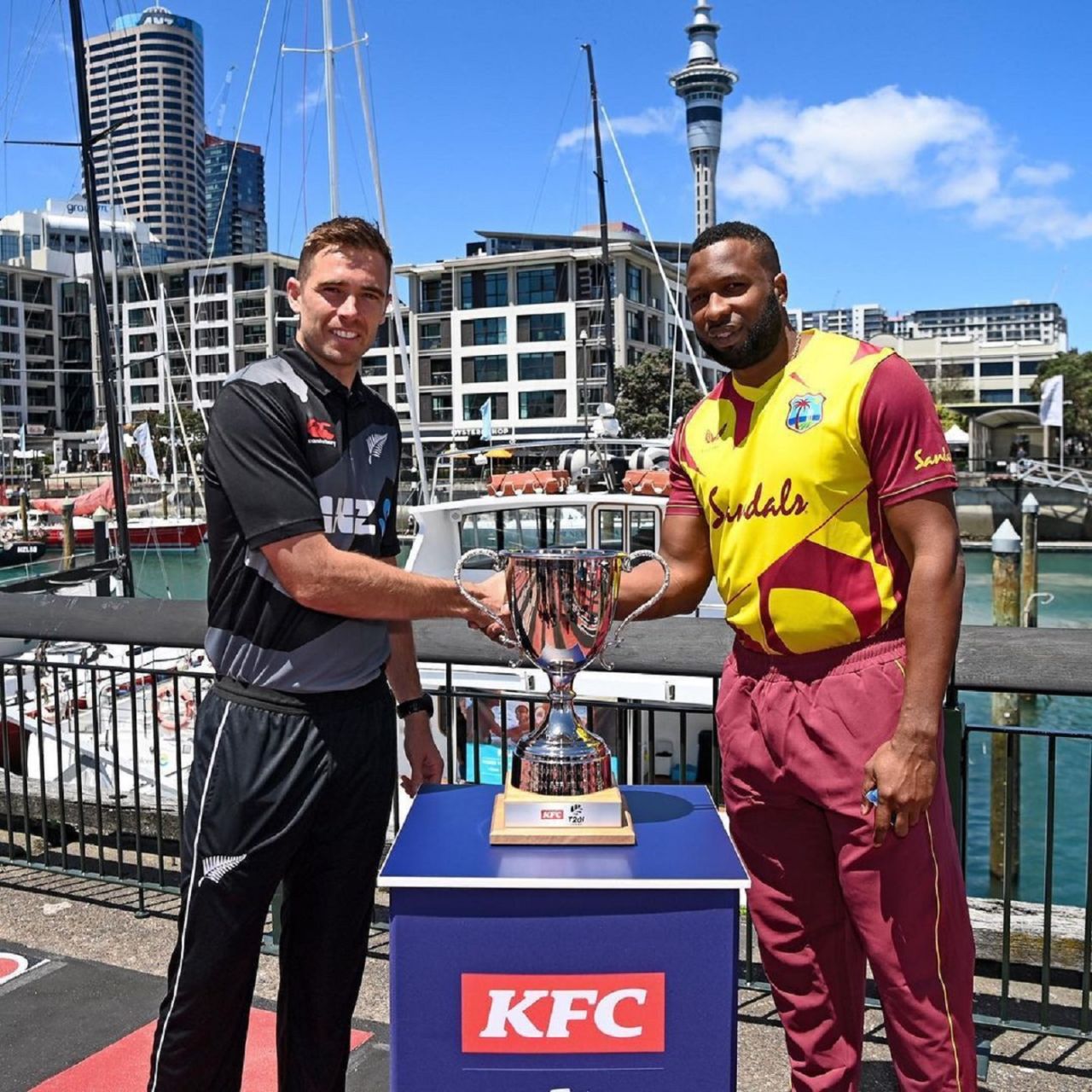 Captains Tim Southee and Kieron Pollard pose with the T20I trophy, New Zealand vs West Indies, 1st T20I, Auckland, November 27, 2020