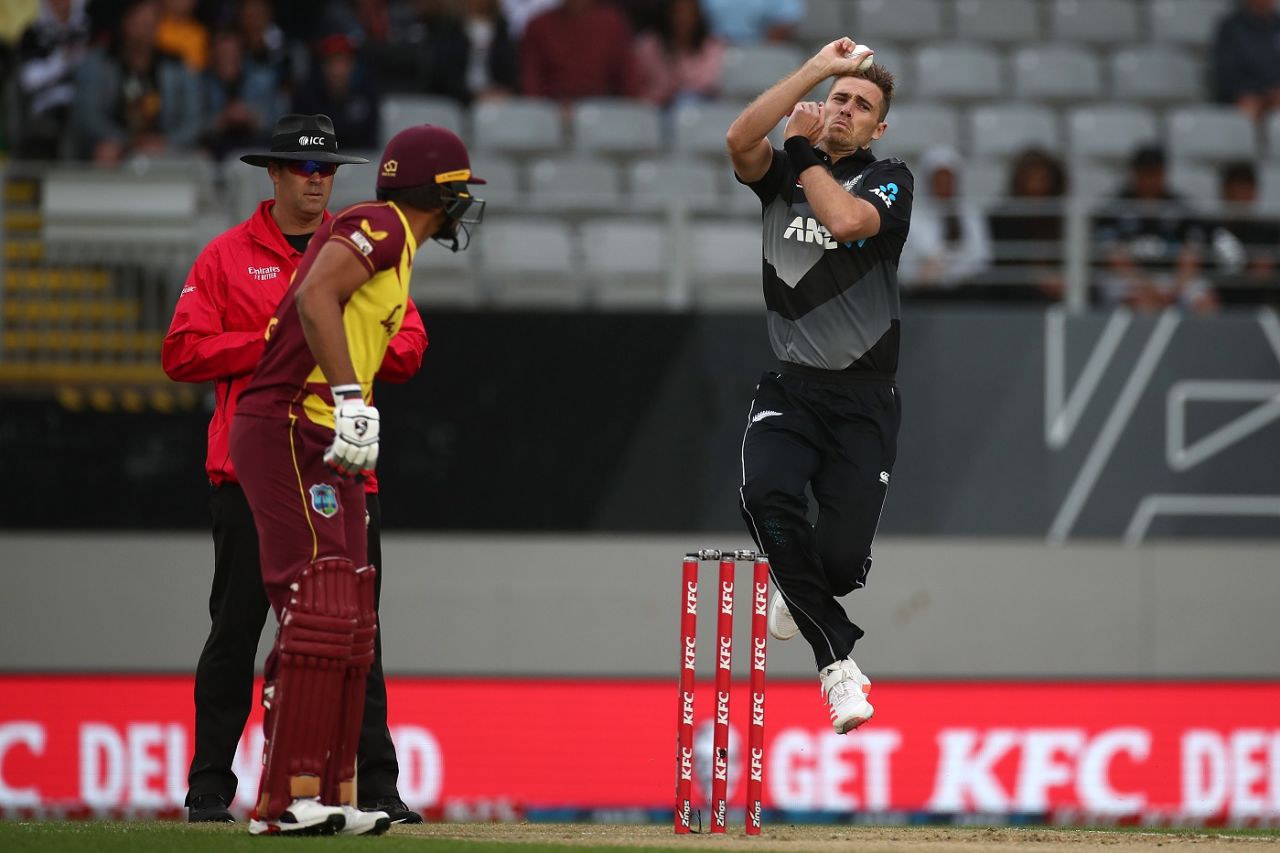 Tim Southee in his delivery stride, New Zealand vs West Indies, 1st T20I, Auckland, November 27, 2020