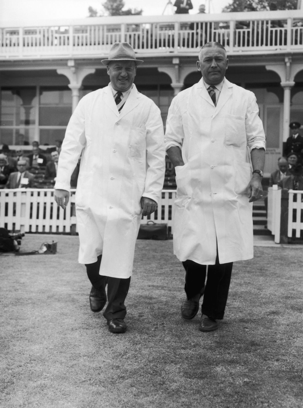 Umpires Frank Lee (left) and Syd Buller walk out onto the pitch, first Test, England vs Australia, Edgbaston, June 8, 1961