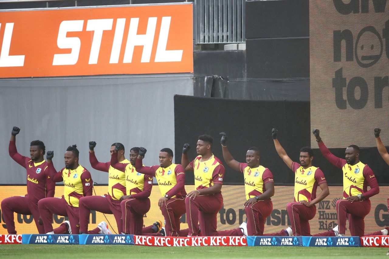 The West Indies players take a knee in support of the Black Lives Matter movement, New Zealand vs West Indies, 1st T20I, Auckland, November 27, 2020