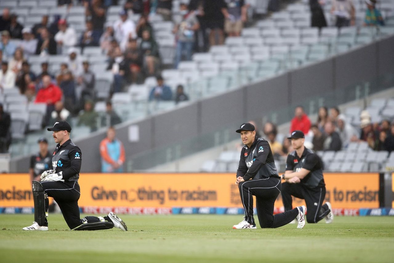The New Zealand players take a knee in support of the Black Lives Matter movement, New Zealand vs West Indies,1st T20I, Auckland, November 27, 2020