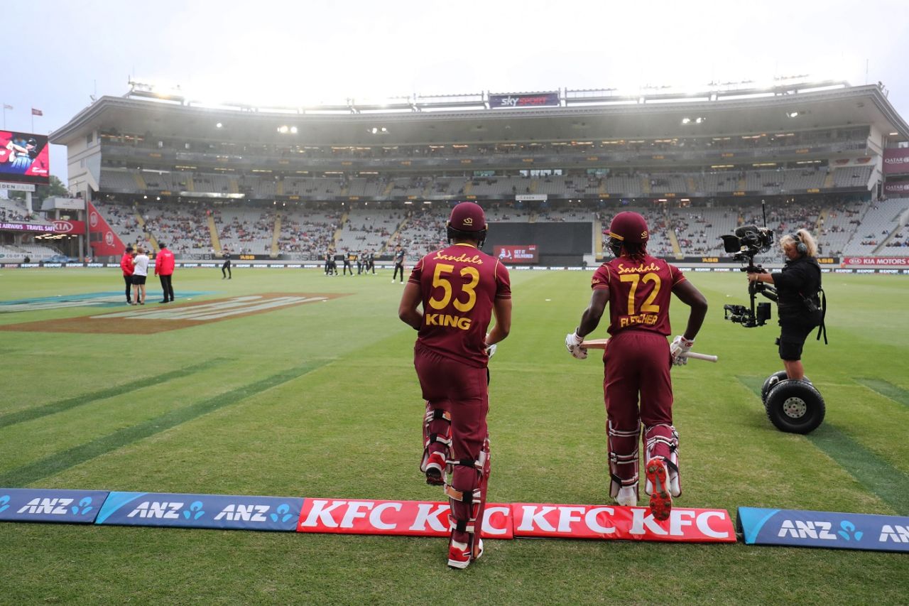 West Indies openers Brandon King and Andre Fletcher walk out to bat, New Zealand vs West Indies, 1st T20I, Auckland, November 27, 2020