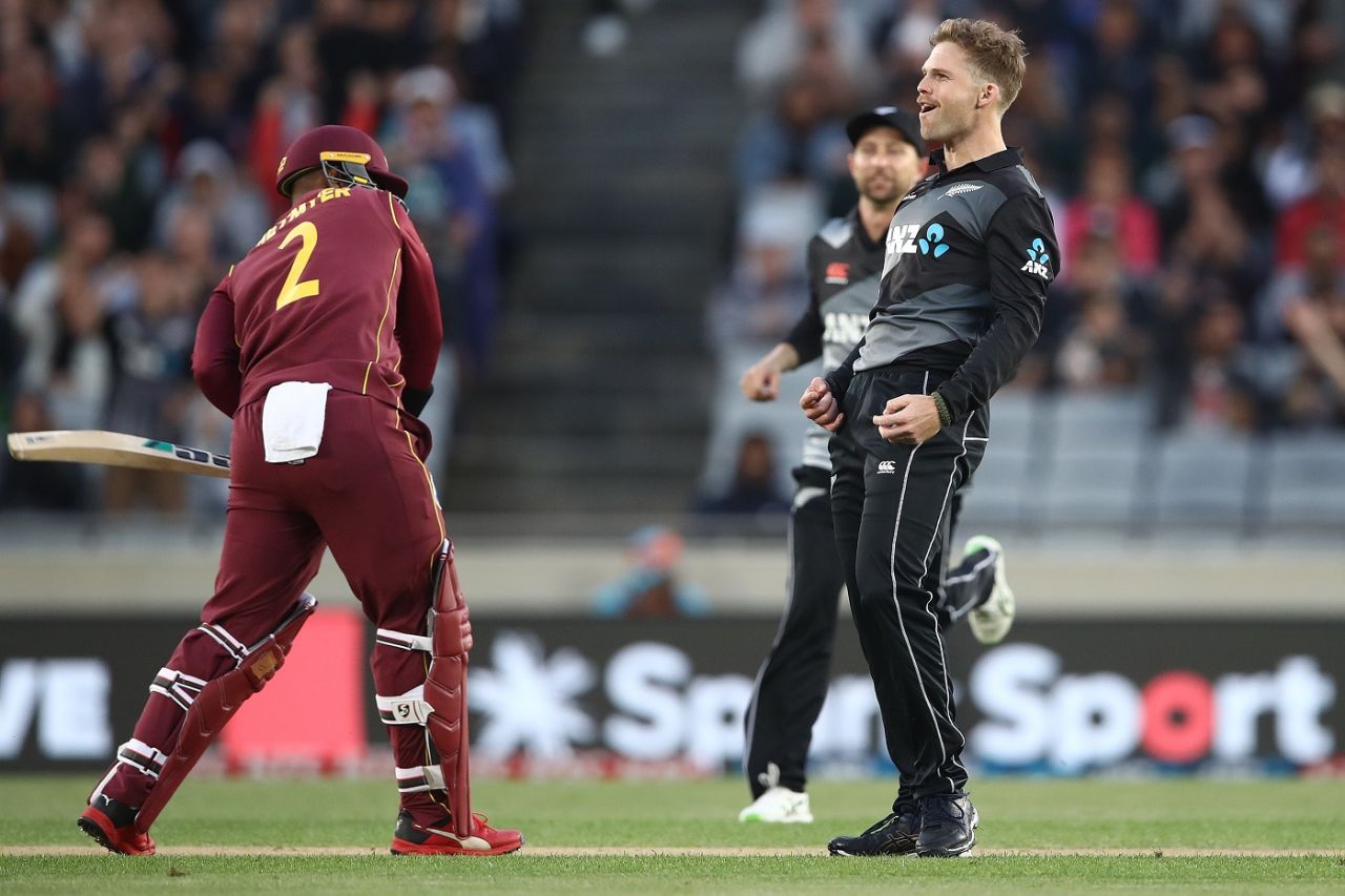 Lockie Ferguson celebrates the wicket of Shimron Hetmyer, New Zealand vs West Indies, 1st T20I, Auckland, November 27, 2020