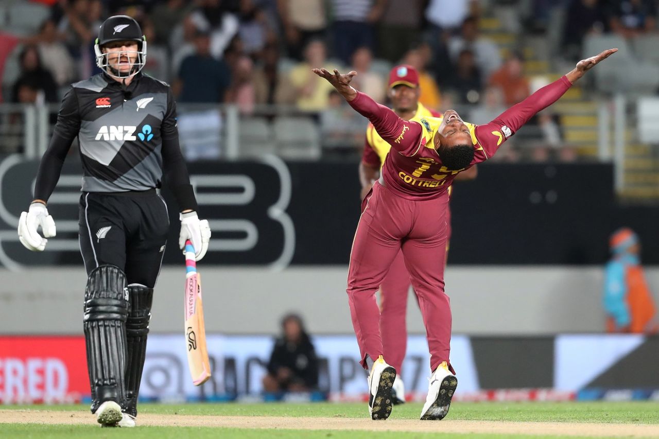 Sheldon Cottrell brings out his trademark celebration after getting Martin Guptill, New Zealand vs West Indies, 1st T20I, Auckland, November 27, 2020