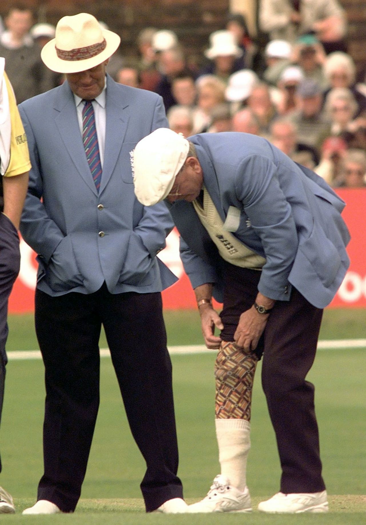 Dickie Bird reveals a colourful line in undergarments after being hit with a ball, Yorkshire vs Warwickshire, AXA League, Headingley, September 13, 1998