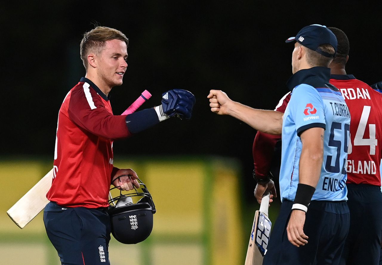 Sam Curran bumps fists with Tom Curran, Team Morgan v Team Buttler, Tour match, Paarl, November 23, 2020