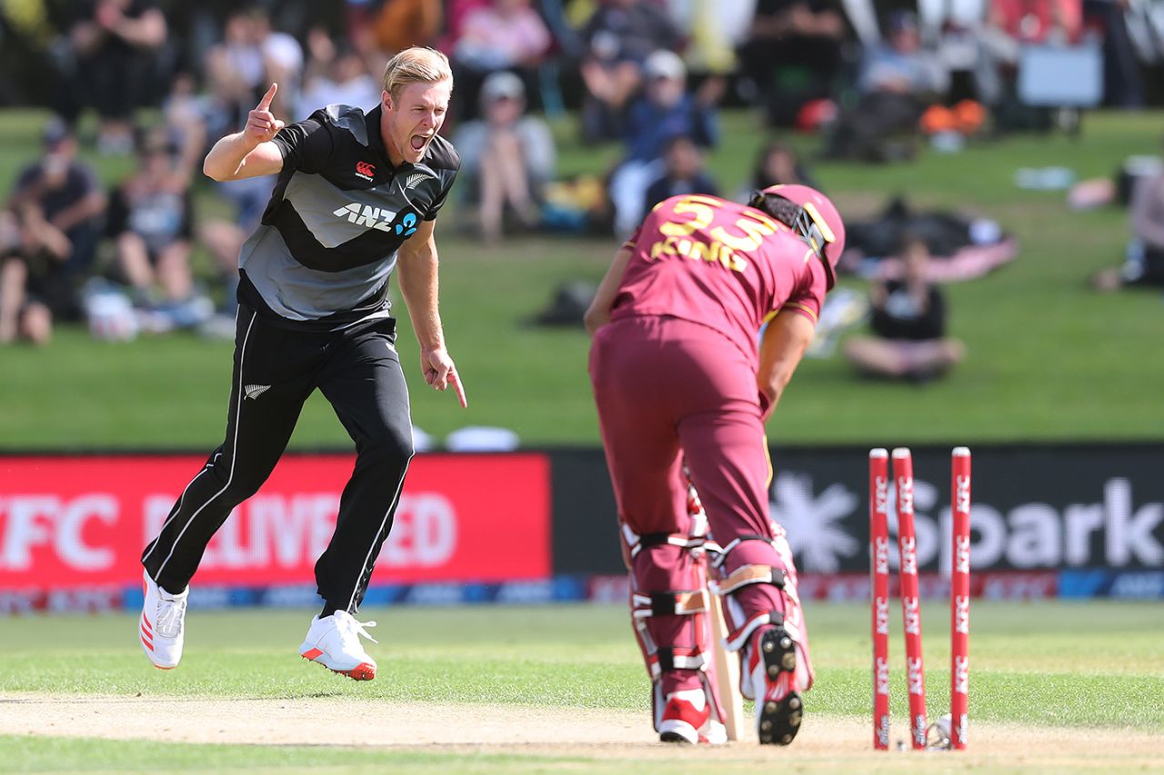 Kyle Jamieson is thrilled after bowling Brandon King first ball, New Zealand vs West Indies, 2nd T20I, Mount Maunganui, November 29, 2020