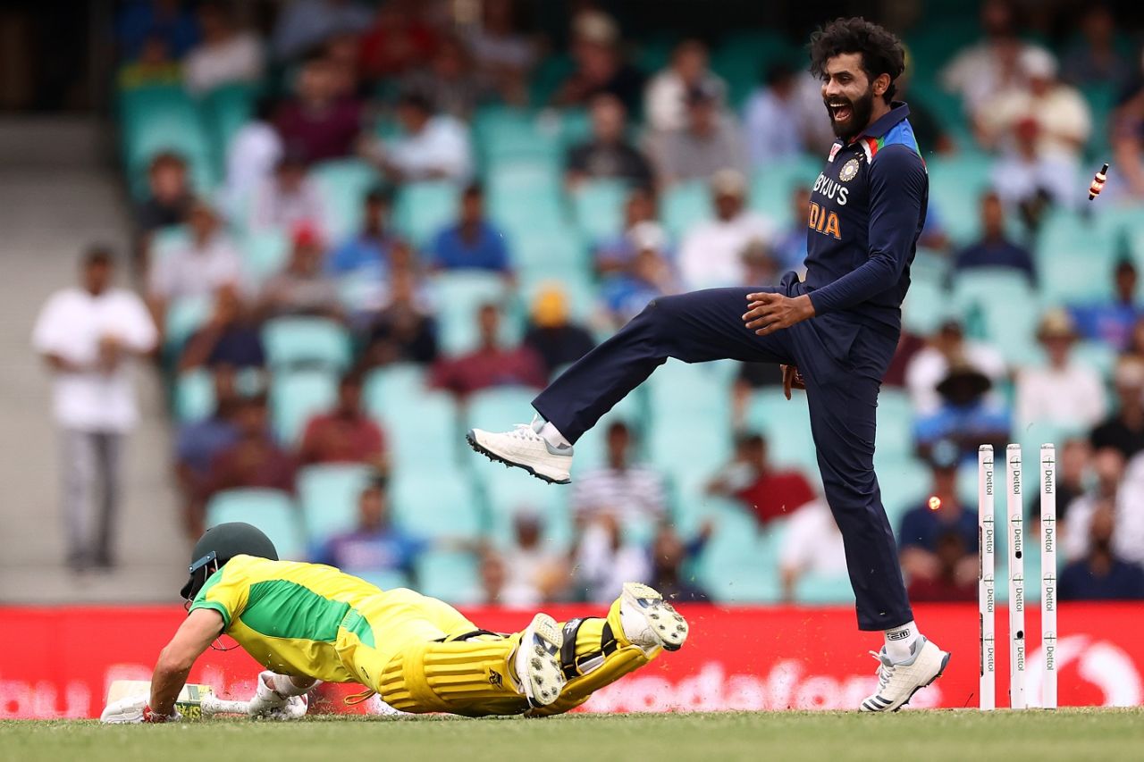 A full-length dive by David Warner is not enough to save him, and Ravindra Jadeja knows the batsman's been run out, Sydney, Australia vs India, 2nd ODI, November 29, 2020