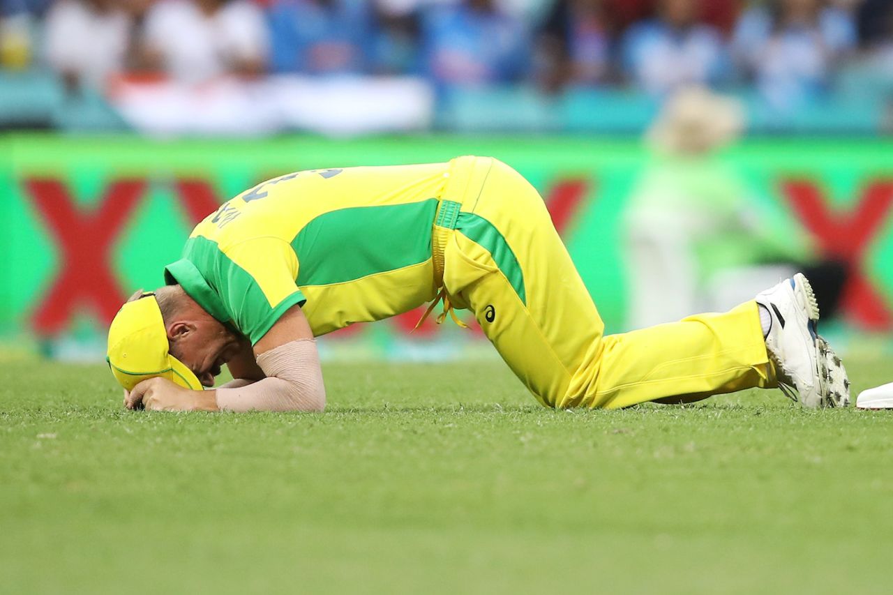 David Warner in pain after injuring his groin, Australia v India, 2nd ODI, Sydney, November 29, 2020