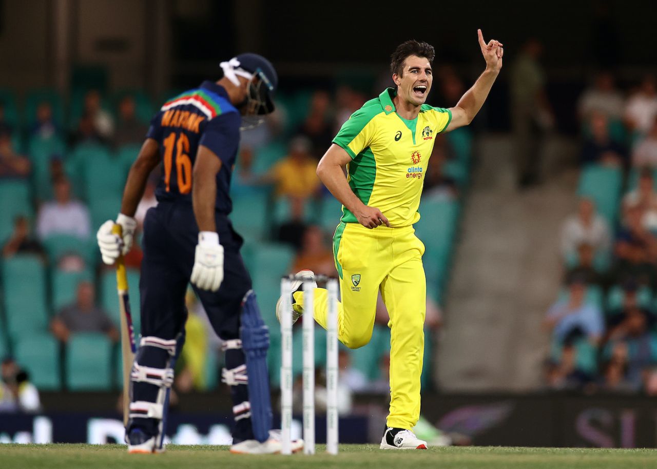 Pat Cummins celebrates the wicket of Mayank Agarwal, Australia v India, 2nd ODI, Sydney, November 29, 2020