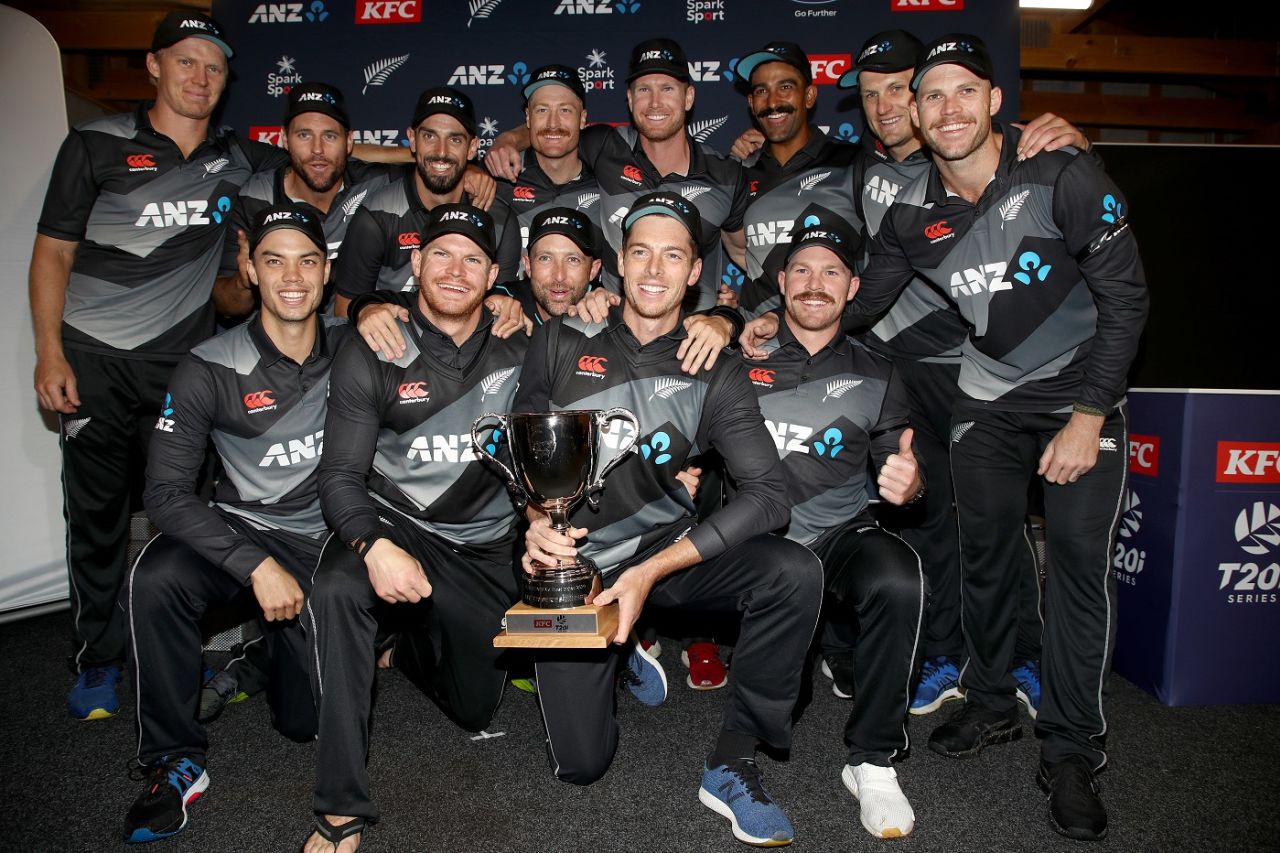 The New Zealand players celebrate after winning the T20I series 2-0, New Zealand vs West Indies, 3rd T20I, Mount Maunganui, November 30, 2020