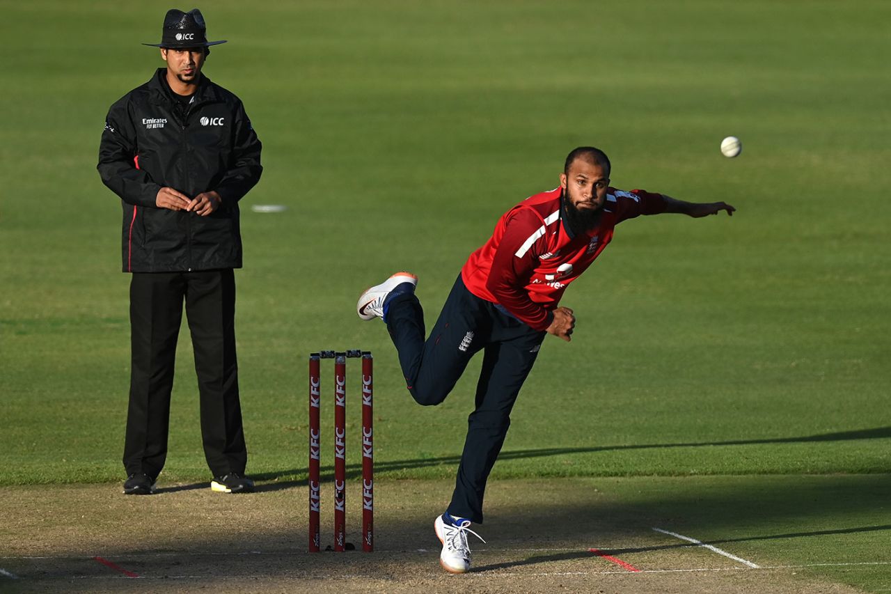 Adil Rashid in his followthrough, South Africa vs England, 3rd T20I, Cape Town, December 1 2020