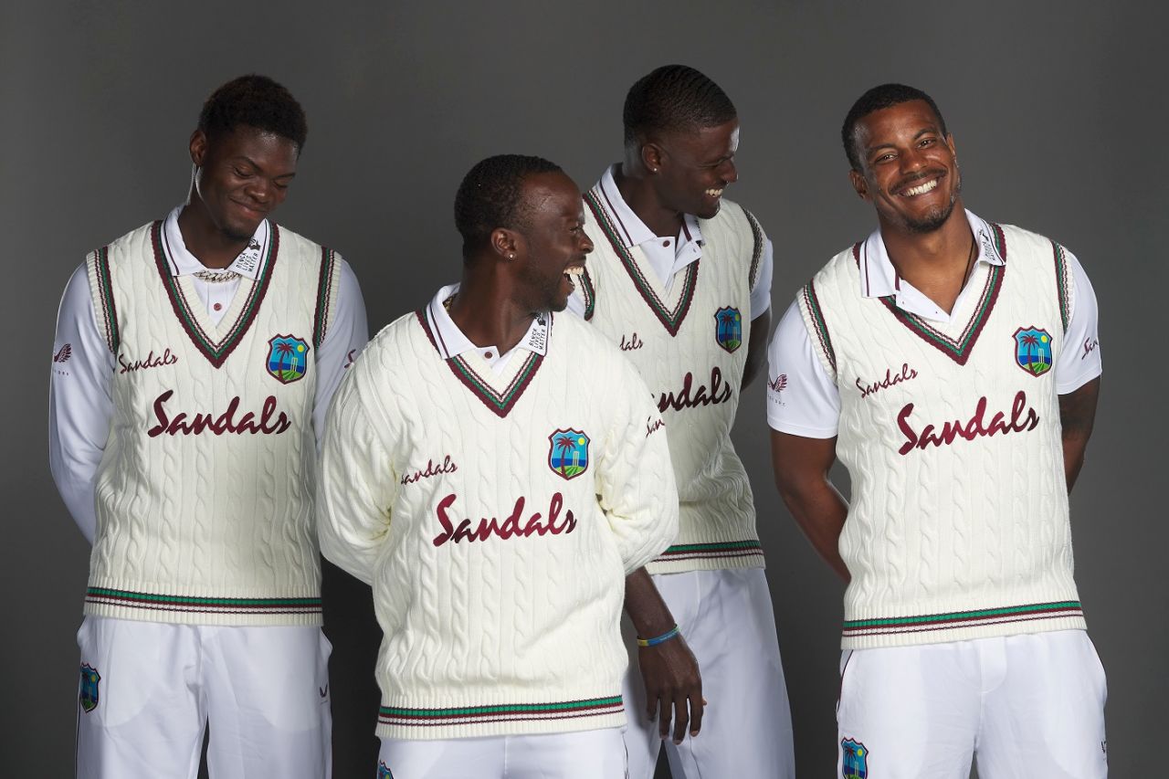 Alzarri Joseph, Kemar Roach, Jason Holder and Shannon Gabriel pose for a portrait, Manchester, June 28, 2020