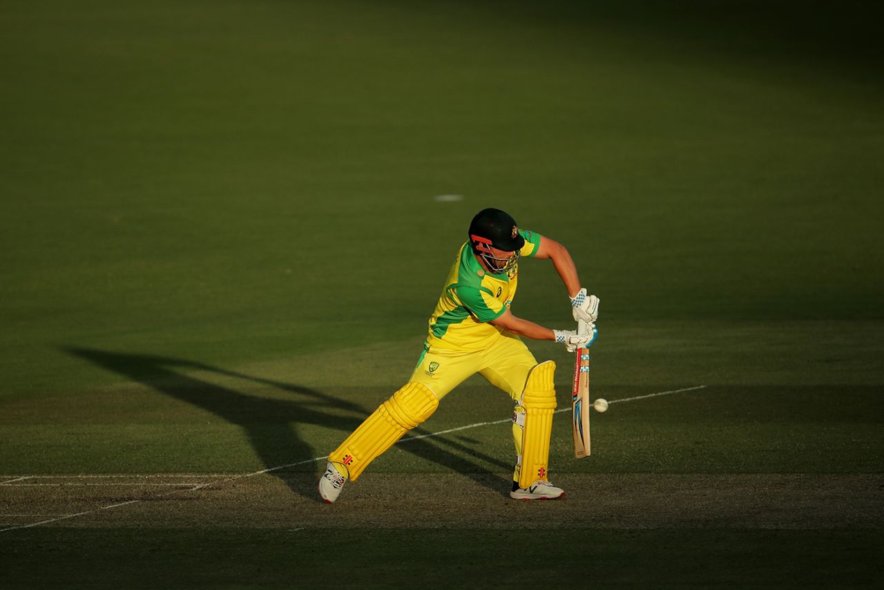 Aaron Finch defends off the front foot, Australia vs India, 3rd ODI, Canberra, December 2, 2020