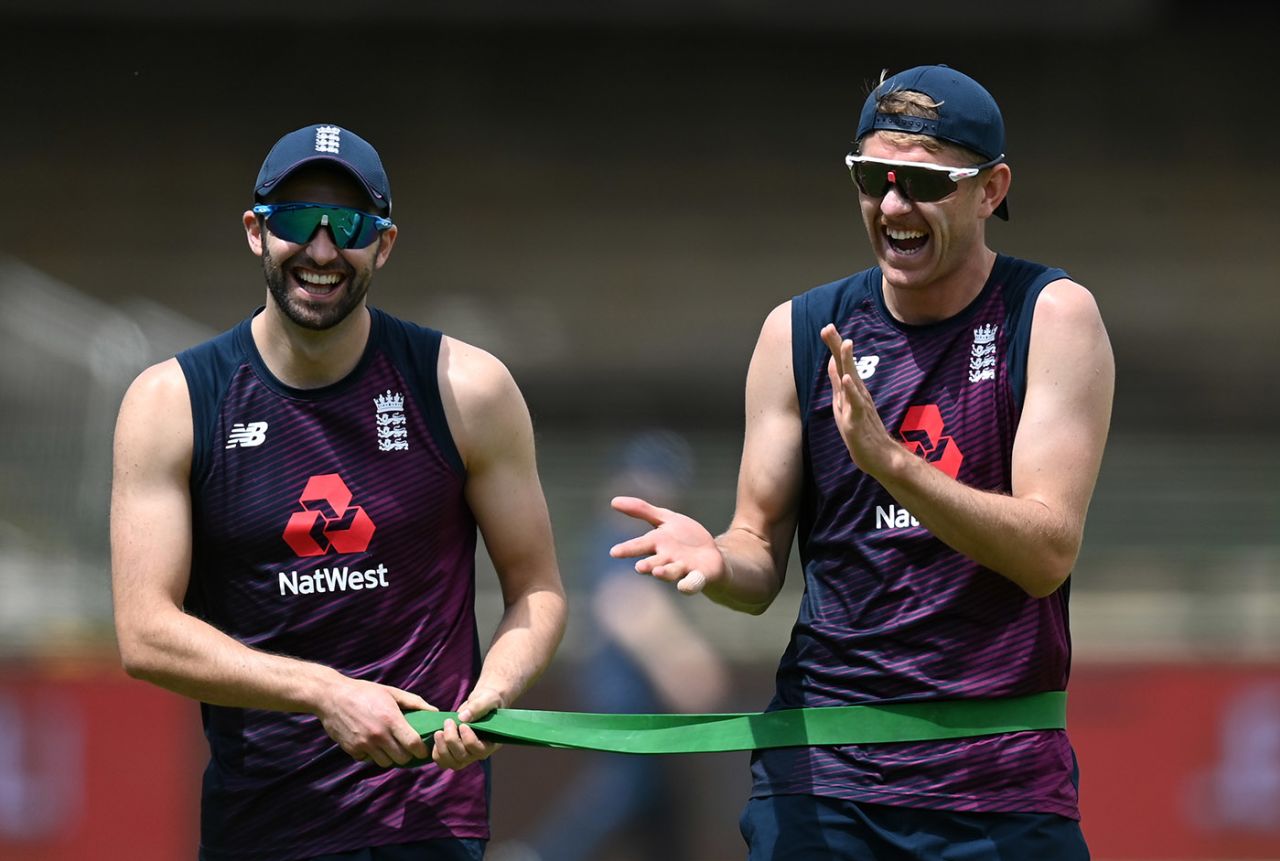 Mark Wood shares a joke with Olly Stone, England tour of South Africa, Newlands, November 26, 2020