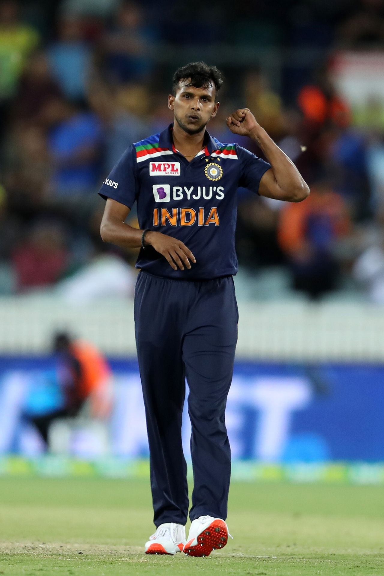 T Natarajan is pumped after taking a wicket, Australia vs India, 1st T20I, Canberra, December 4, 2020