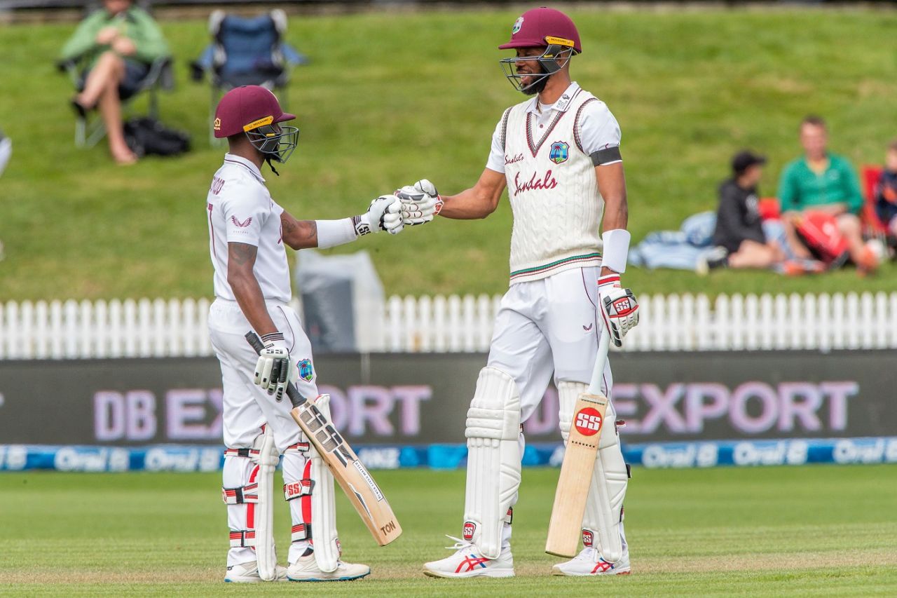 Jermaine Blackwood and Roston Chase bump fists during their partnership New Zealand vs West Indies, 1st Test, Hamilton, 3rd day, December 5, 2020