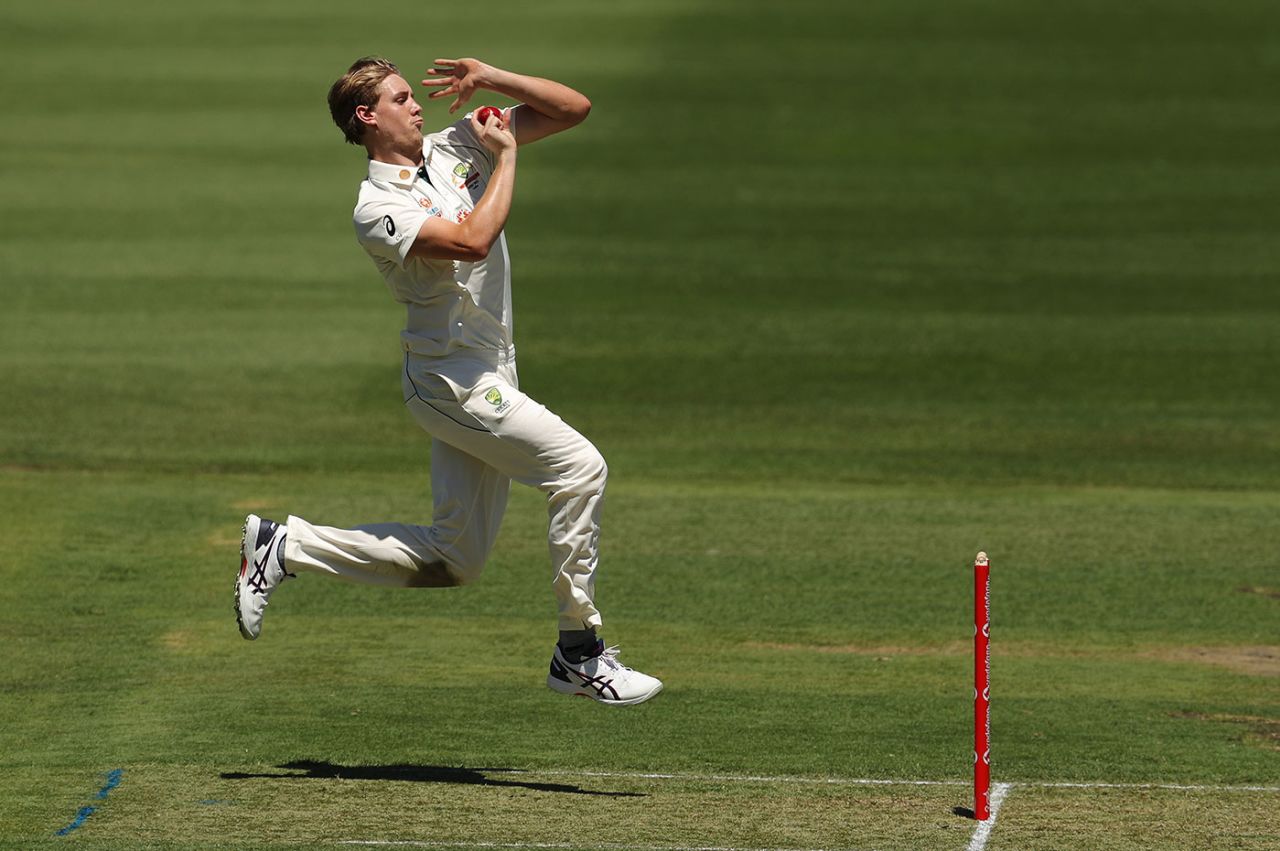 Cameron Green in his delivery stride, Australia A v Indians, Tour match, Drummoyne Oval, December 6, 2020