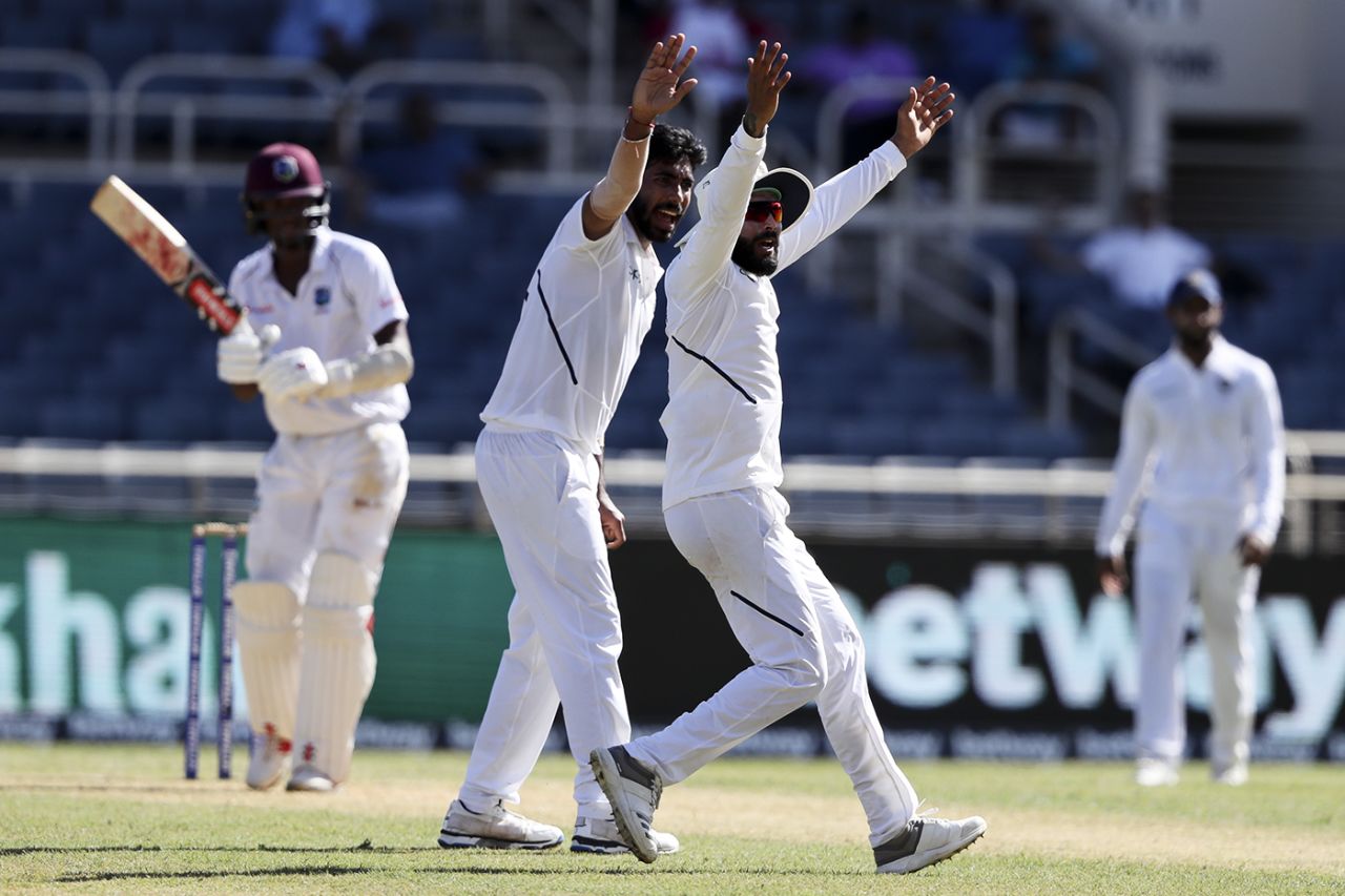 Jasprit Bumrah and Ravindra Jadeja appeal for Kraigg Brathwaite's wicket, West Indies v India, 2nd Test, Kingston, 1st day, August 31, 2019