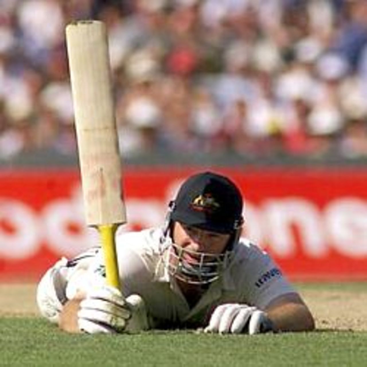 Steve Waugh of Australia celebrates 100, diving for his ground, during day two of the Fifth Test between England and Australia, at The Oval, London, England
