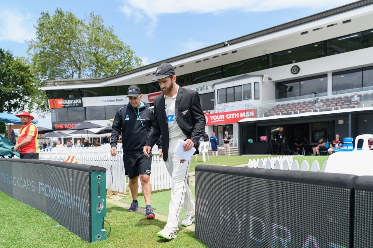 Gary Stead and Kane Williamson step out for a stroll at Seddon Park, Hamilton, December 3, 2020