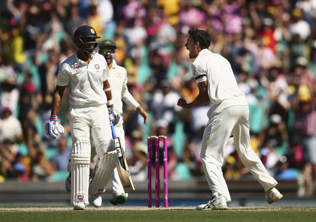Mitchell Starc roars after dismissing M Vijay , Australia v India, 4th Test, Sydney, 2nd day, January 7, 2015