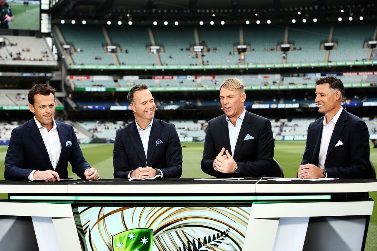 Commentators Adam Gilchrist, Michael Vaughan, Shane Warne and Mike Hussey discuss the game, Australia v New Zealand, 2nd Test, Day 1, Melbourne, December 26, 2019