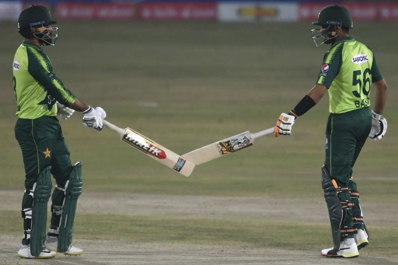 Mohammad Hafeez and Babar Azam tap bats during their partnership, Pakistan vs Zimbabwe, 1st T20I, Rawalpindi, November 7, 2020