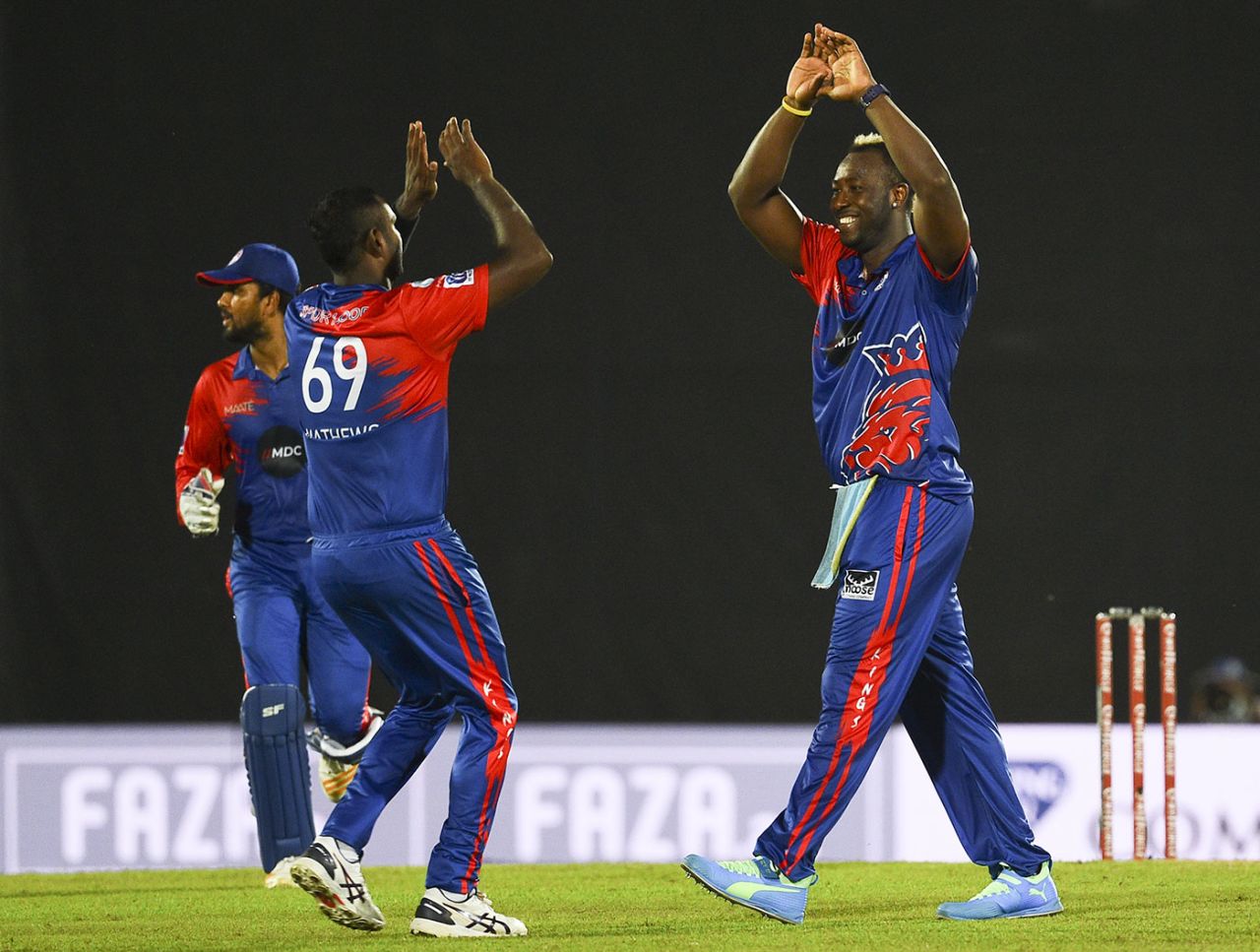 Andre Russell celebrates another wicket for Colombo Kings, Colombo Kings v Jaffna Stallions, Hambantota, December 10, 2020