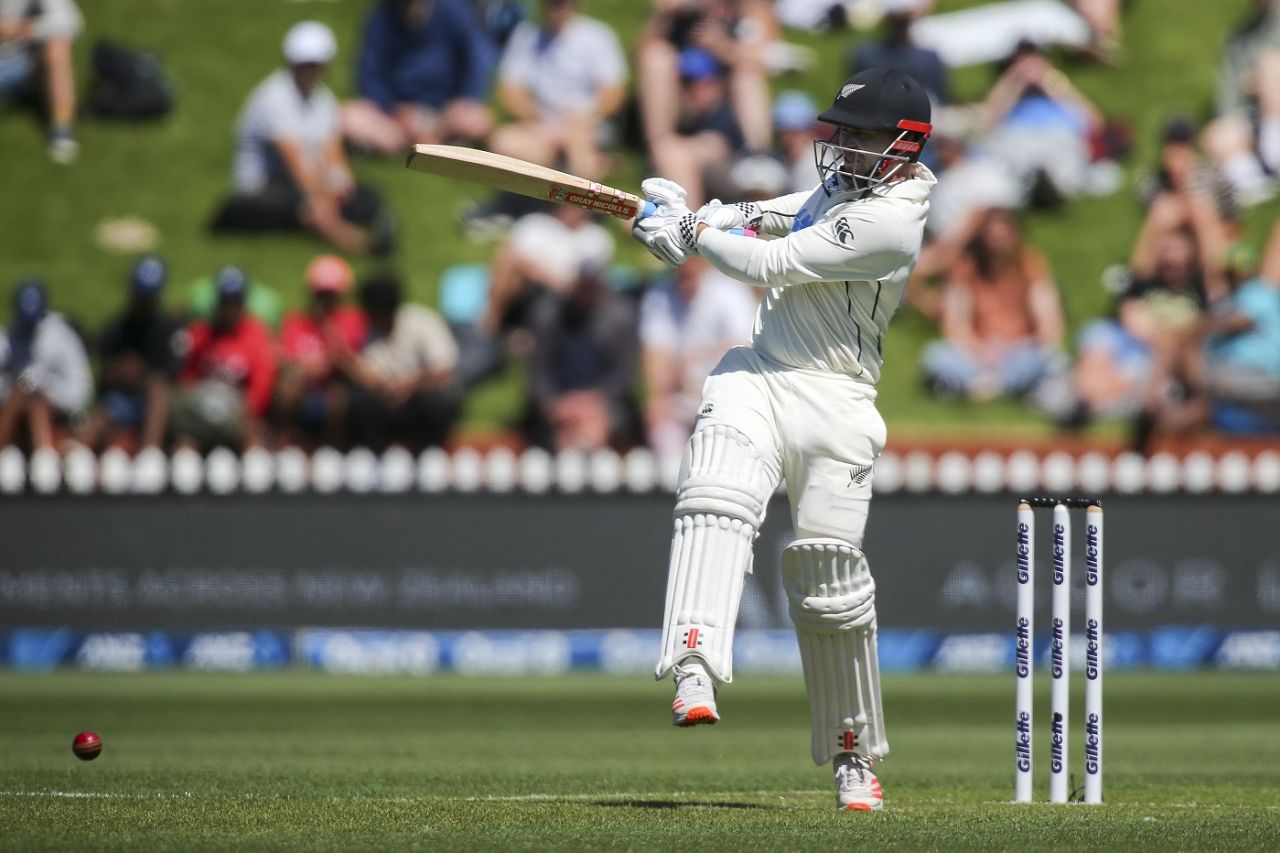 Henry Nicholls with a controlled pull shot that ensures the ball stays down, New Zealand v West Indies, 2nd Test, Wellington, December 11, 2020