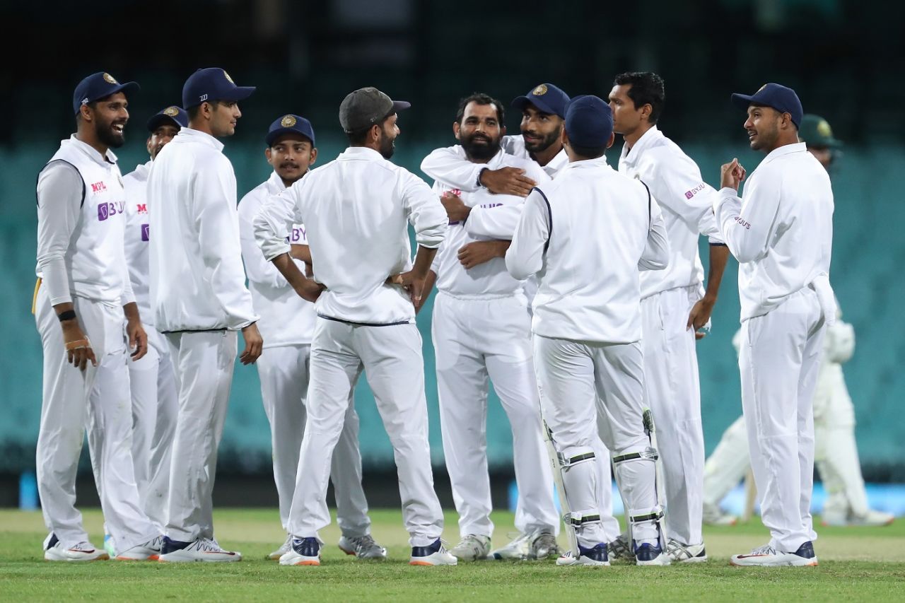 Mohammed Shami celebrates with team-mates after dismissing Marcus Harris, Australia A v Indians, day-night tour match, first day, Sydney, December 11, 2020
