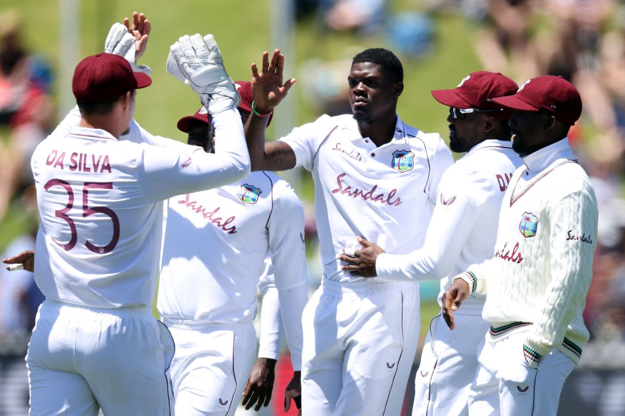 Alzarri Joseph celebrates with his team-mates, New Zealand v West Indies, 2nd Test, second day, December 12, 2020