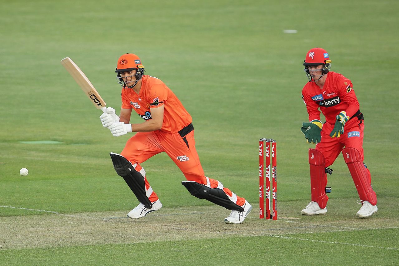 Aaron Hardie works the ball to the leg side, Melbourne Renegades v Perth Scorchers, Hobart, December 12, 2020
