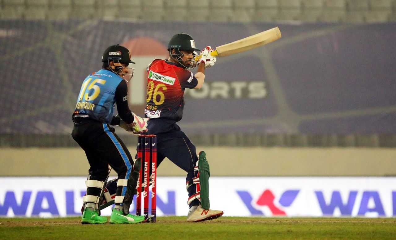 Saif Hassan cuts the ball square, Beximco Dhaka vs Fortune Barishal, Bangabandhu T20 Cup, Dhaka, December 12, 2020
