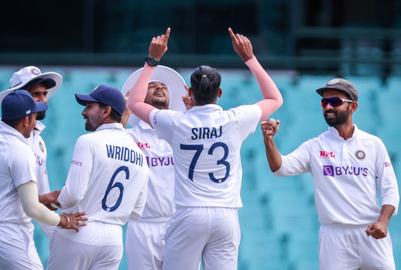 Mohammed Siraj thanks the heavens for his wicket, Australia A v Indians, day-night tour match, third day, Sydney, December 13, 2020