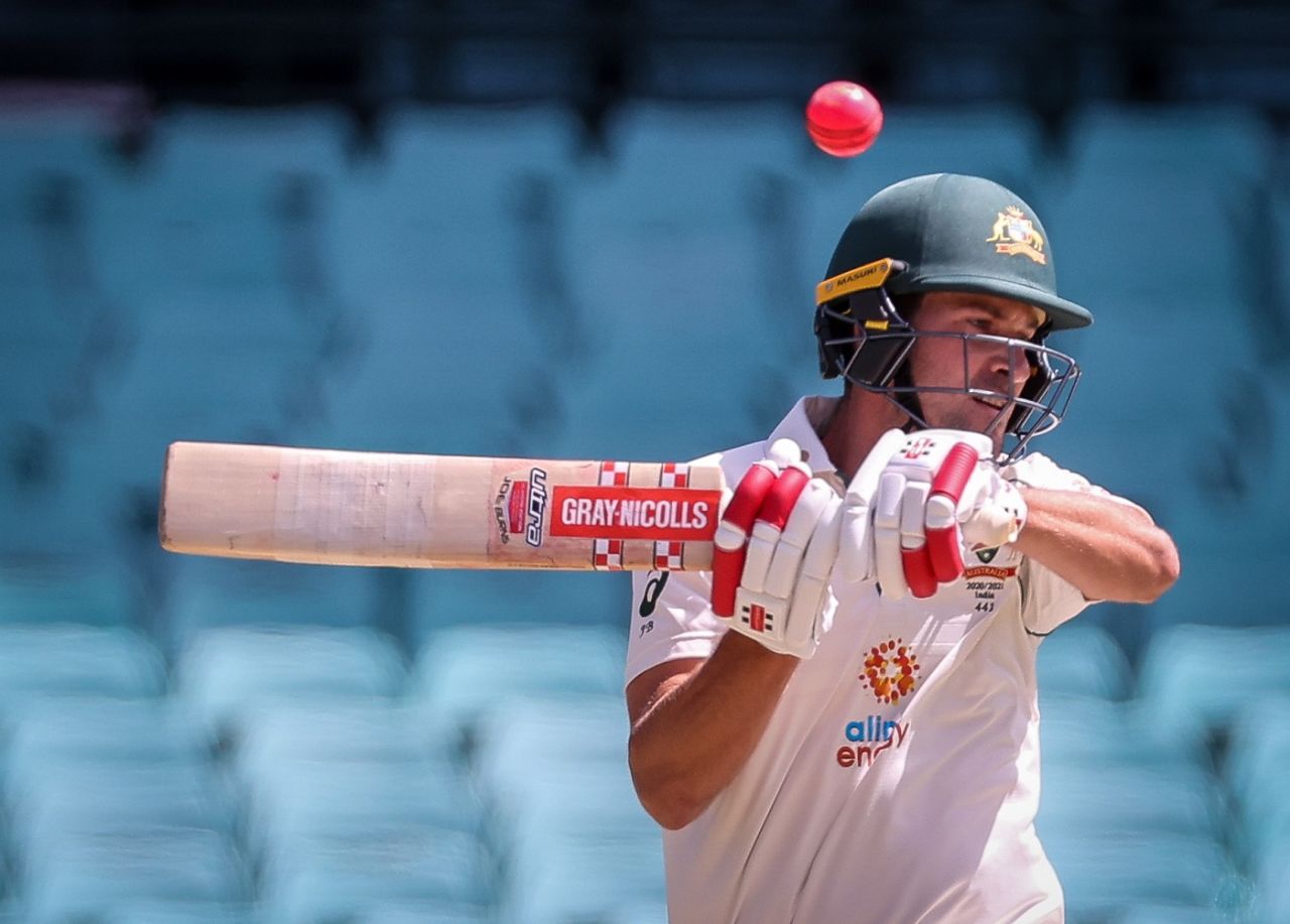 Joe Burns takes evasive action, Australia A v Indians, day-night tour match, third day, Sydney, December 13, 2020