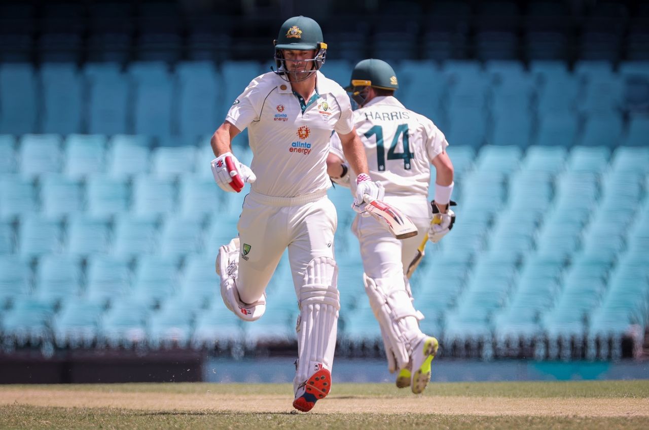 Joe Burns and Marcus Harris cross through for a single, Australia A v Indians, day-night tour match, third day, Sydney, December 13, 2020