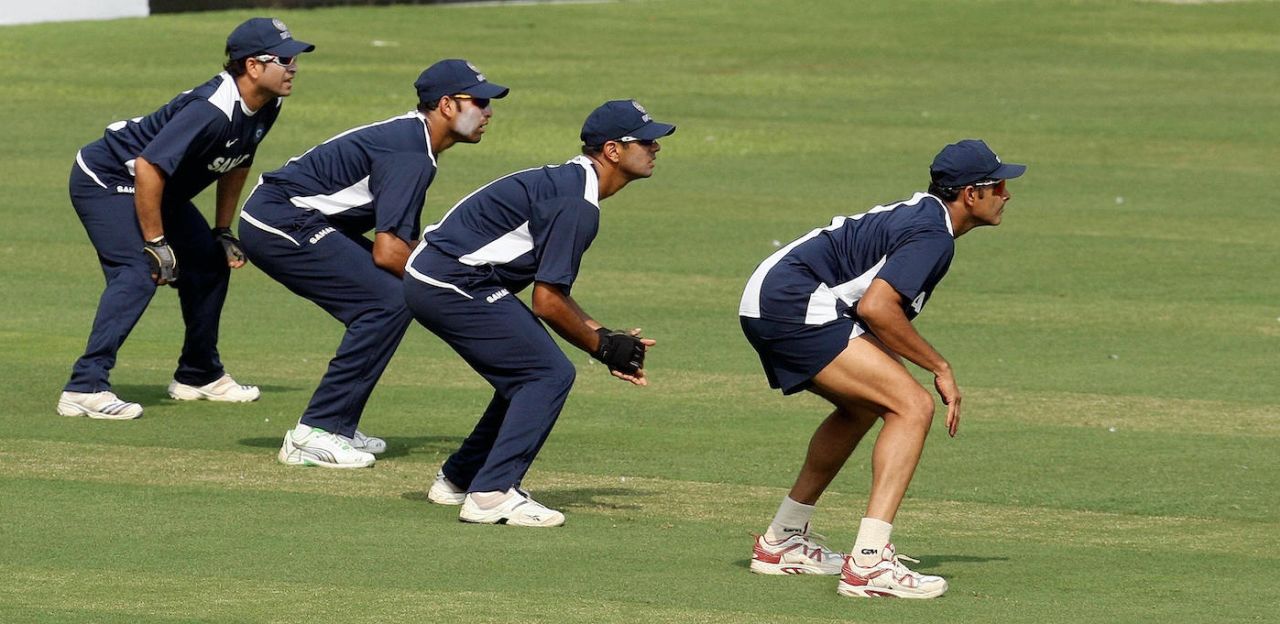 Sachin Tendulkar, VVS Laxman, Rahul Dravid and Anil Kumble wait for the ball during a training session, Feroz Shah Kotla ground, New Delhi, October 27, 2008
