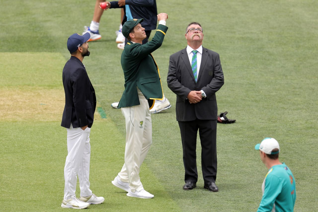 Tim Paine and Virat Kohli at the toss with match referee David Boon, Australia vs India, 1st Test, Adelaide, 1st day, December 17, 2020
