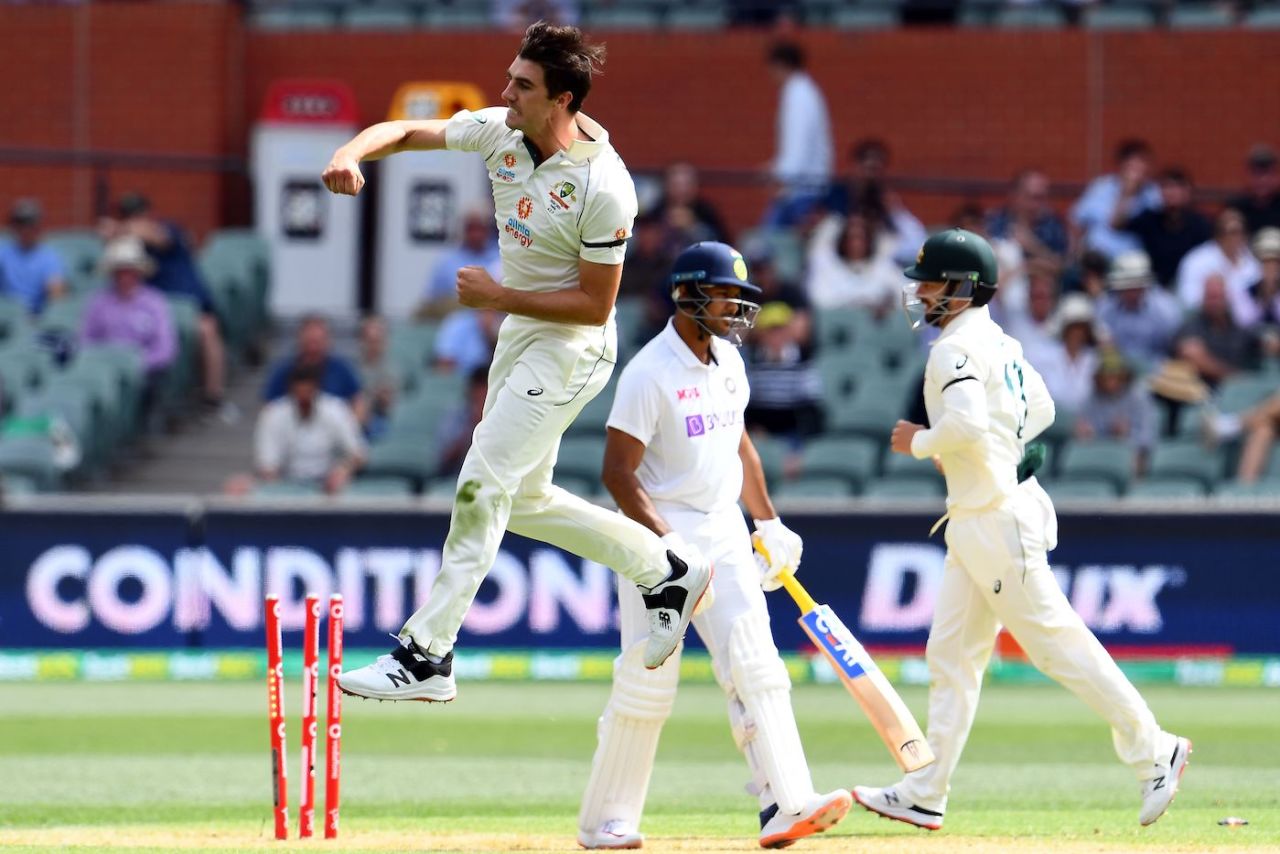 Pat Cummins leaps with joy after removing Mayank Agarwal, Australia vs India, 1st Test, Adelaide, 1st day, December 17, 2020