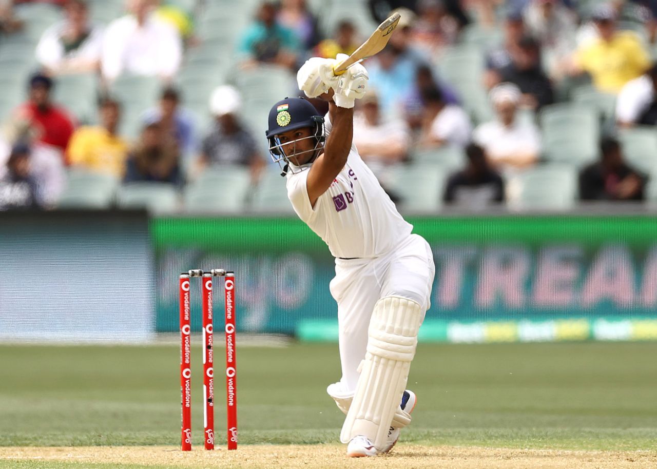 Mayank Agarwal flays the ball into the off side, Australia vs India, 1st Test, Adelaide, 1st day, December 17, 2020