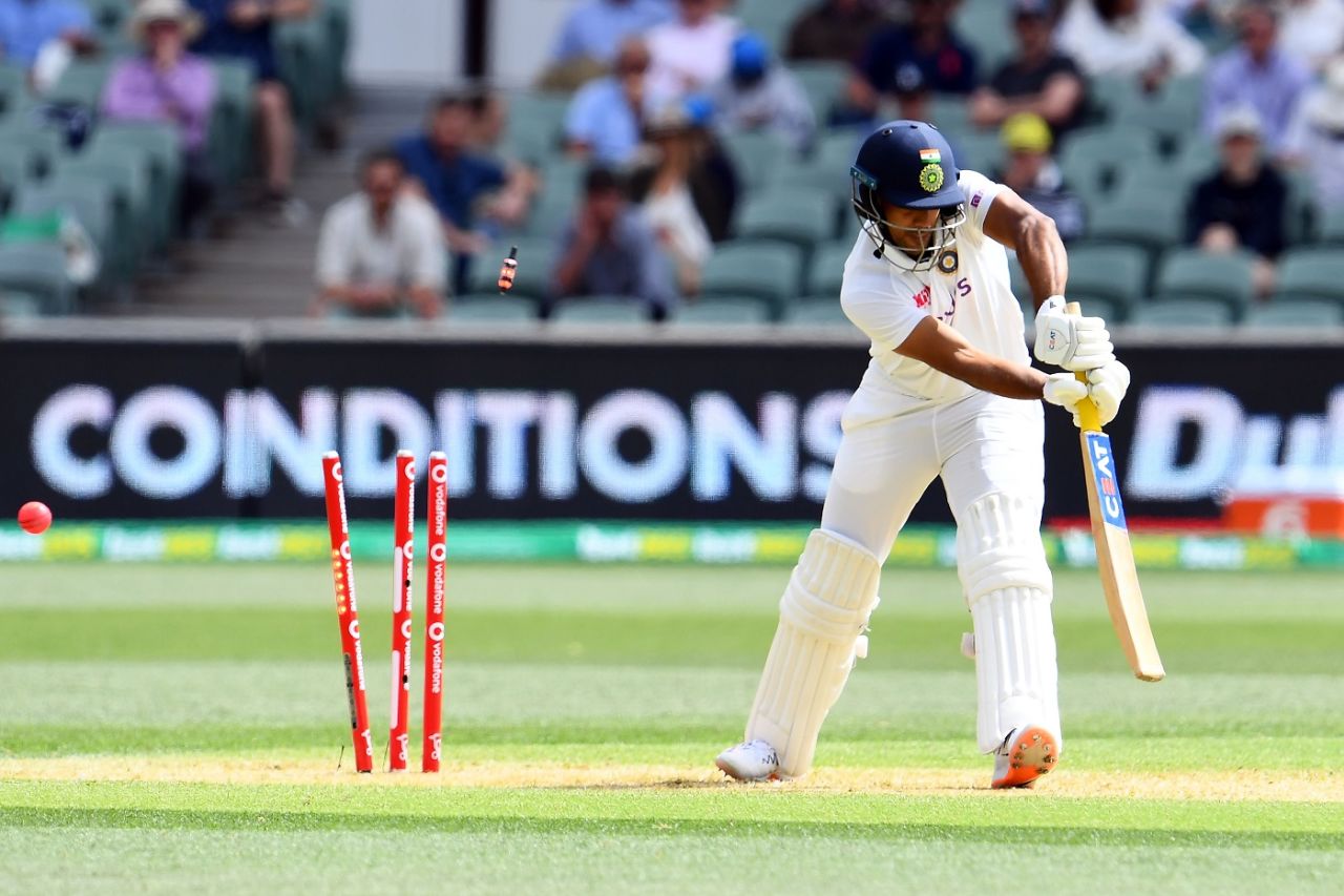 Mayank Agarwal is bowled through the gate, Australia vs India, 1st Test, Adelaide, 1st day, December 17, 2020