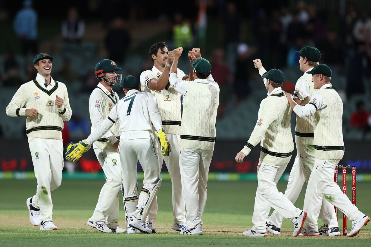 Mitchell Starc celebrates after trapping Ajiknya Rahane with the second new ball, Australia vs India, 1st Test, Adelaide, 1st day, December 17, 2020